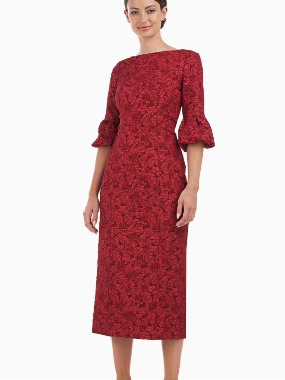 Women’s Red Textured Midi Dress with Ruffled Elbow Sleeves